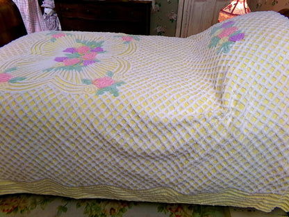 just joyful vintage chenille bedspread in cheery yellow with springtime flowers, full size bedding, 100% quality cotton