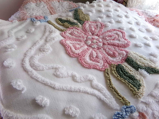 Dreamy Florals Vintage Chenille Material, 29" x 24" inch Fabric Piece, Beautifully Tufted Spring Flower Design on White Cotton