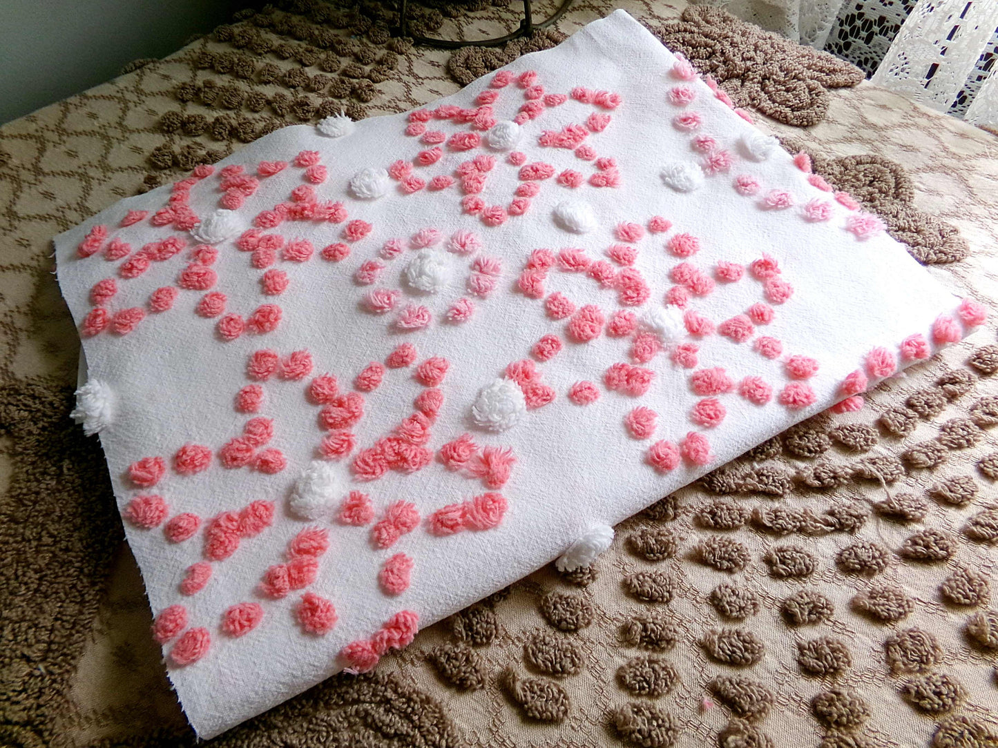 Spunky Daisy Medley Vintage Chenille Fabric, 23" x 18" inch handtufted antique Pink Pops piece, Fun in DIY Pillows