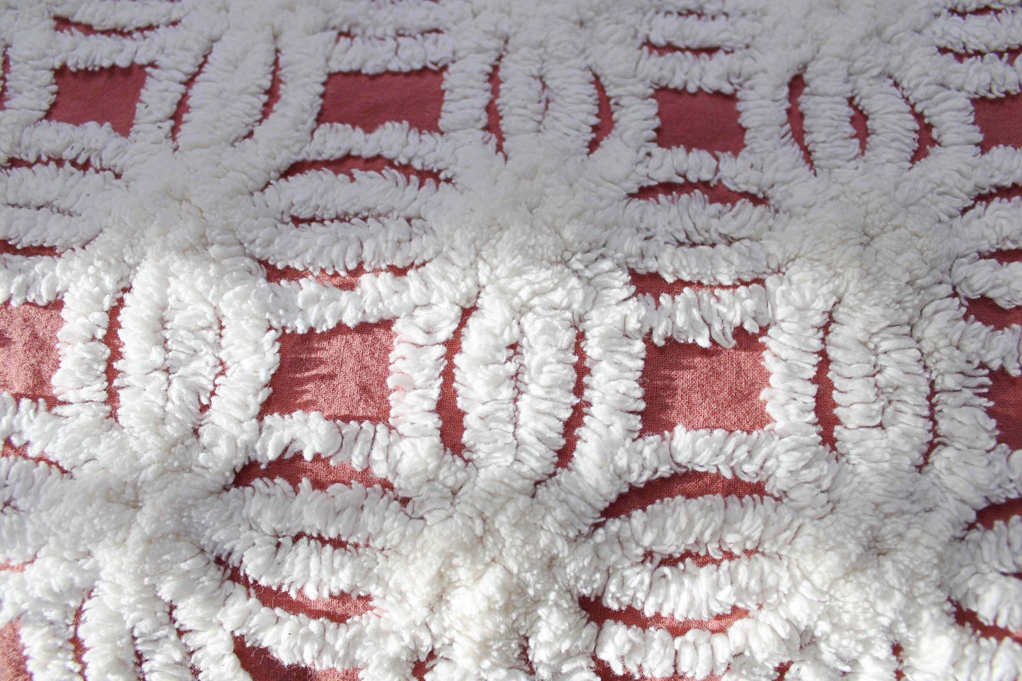 Earthy Terracotta Vintage Chenille Fabric, Plush White Tufted Petal Design, 20" x 24" inch Piece, 100% Cotton Material for Quilts & Crafts