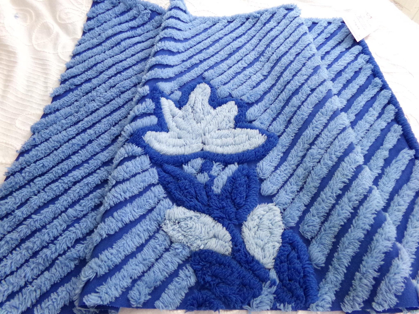 Midnight Blue Plush Vintage Chenille Bedspread Fabric, Water Lily on Diagonal Stripes, 18" x 25" inch Piece, Sewing & Quilt Material