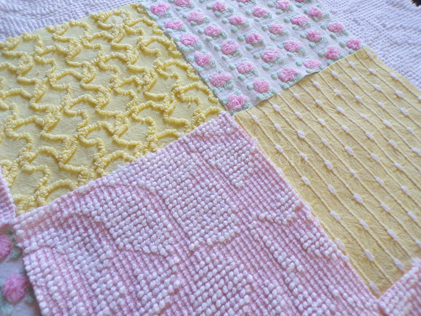 Spring Sunshine Chenille Quilt Squares Set from Vintage Bedspread Fabric, 16 Blocks, 6" x 6" inch