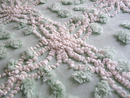 Creamy Mint Green Vintage Chenille Fabric, 20" x 13" inch Piece, White Wedding Ring & Dot Design, Great for Handmade Quilts, Crafts