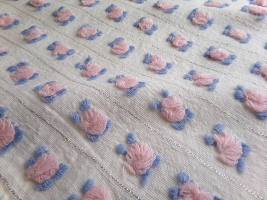 pink rosebud vintage chenille fabric, 20" x 24" inch cut piece of quilt material with tufted roses, blue leaves & shimmer silver lurex