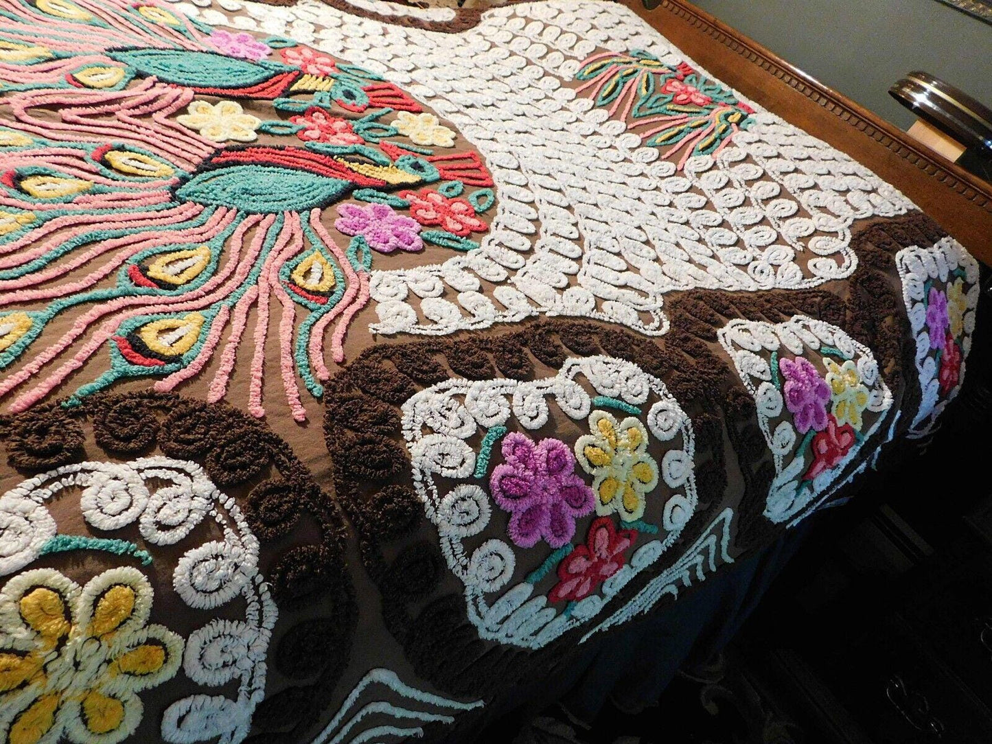 Iconic Vintage Peacock Chenille Bedspread, Rainbow Lovebirds & Hearts, FULL Size