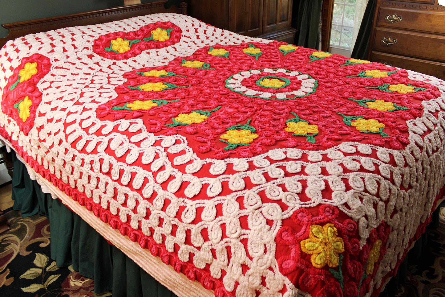 Flower Burst Chenille Bedspread, Vintage Midcentury Bedding in Sassy Bright Red with Hearts & Curlicues, FULL Size Bedding