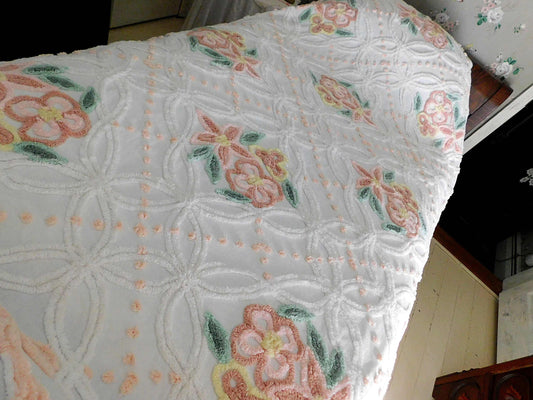 White Floral Vintage Chenille Bedspread with Pink Peony & Lily Flowers, Full Size Cottage Style Design