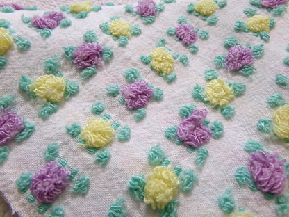 Rare Jewel Rosebud Vintage Chenille Fabric w/ Yellow & Amethyst Roses, 17" x 24" Cut Piece of Sewing, Quilt Material