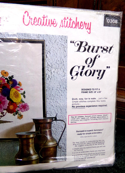BURST of GLORY Crewel Vintage Paragon Needlecraft Embroidery Kit #0308, Boho Wildflower Floral Basket Stitchery