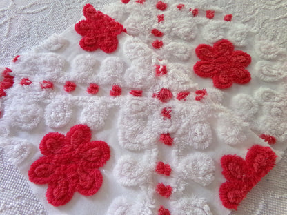 Sweet & Shabby Red Flowers Vintage Chenille Fabric, 16" x 20" Inch Piece, Frosty White Plush Swirls, Fun in Festive Crafts