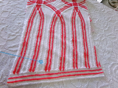 red & white vintage chenille fabric in wedding ring cathedral stripe design, 19" x 29" inch irregular piece of sewing material
