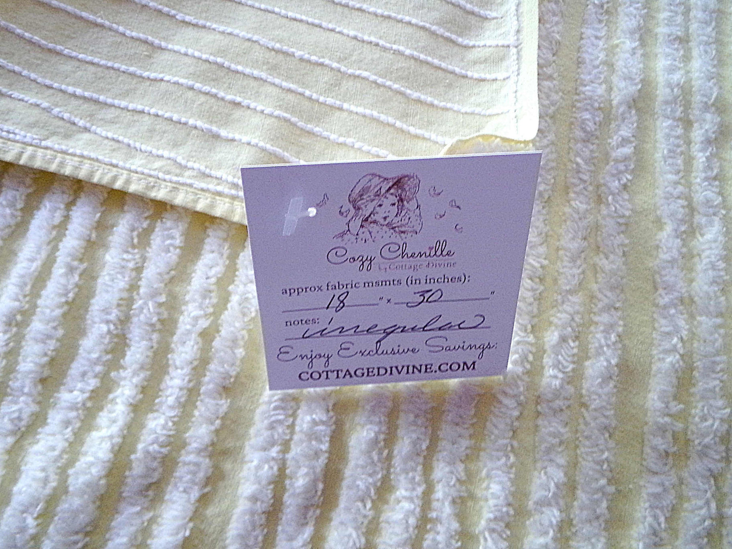 Sunny Yellow Striped Vintage Chenille Quilt Fabric, 18" x 30" inch Piece, White Stripes, 100% Cotton