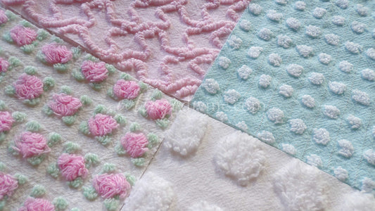 Classic Cottage Chic Chenille Quilt Squares Set from Vintage Bedspread Fabric, 16 Blocks, 6" x 6" inch, Pretty Pink Rosebud, Aqua & White