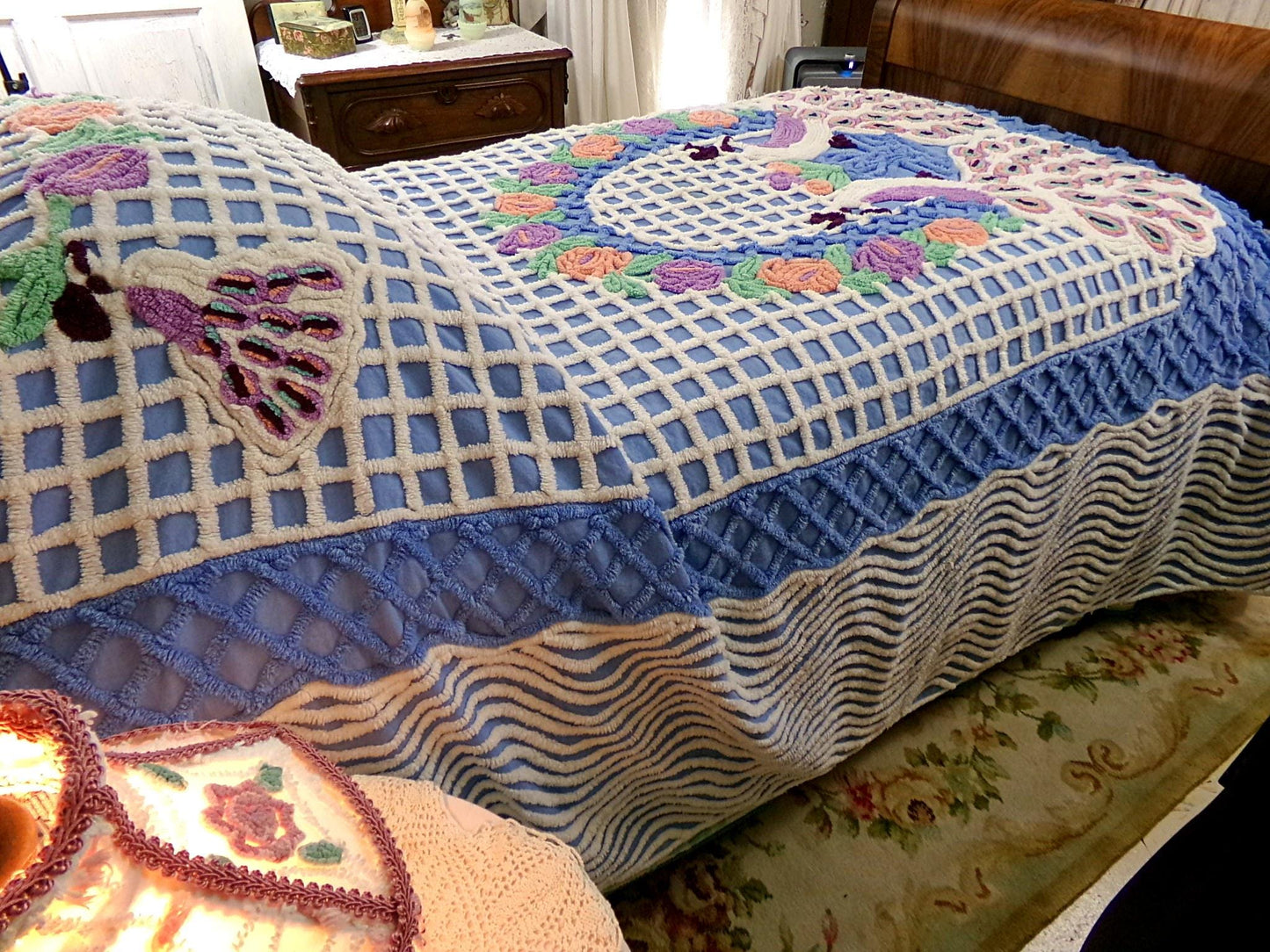 peacock vintage chenille bedspread, lovebirds under a sky blue flower garden trellis, luxury midcentury full size bedding