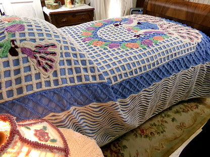 peacock vintage chenille bedspread, lovebirds under a sky blue flower garden trellis, luxury midcentury full size bedding