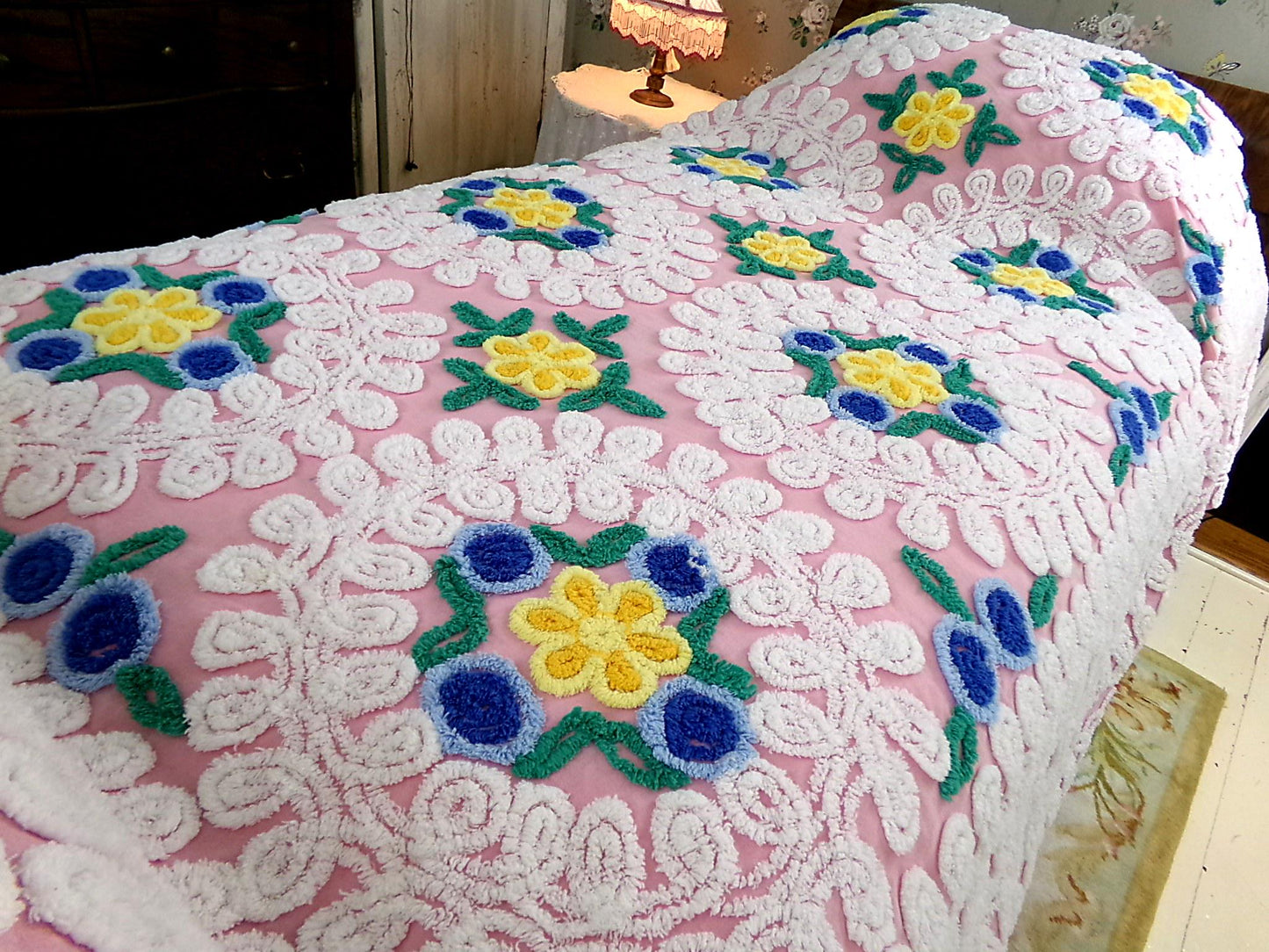 shabby plush pink vintage chenille bedspread, popular wedding cake florals, retro cottage glamour full size bedding