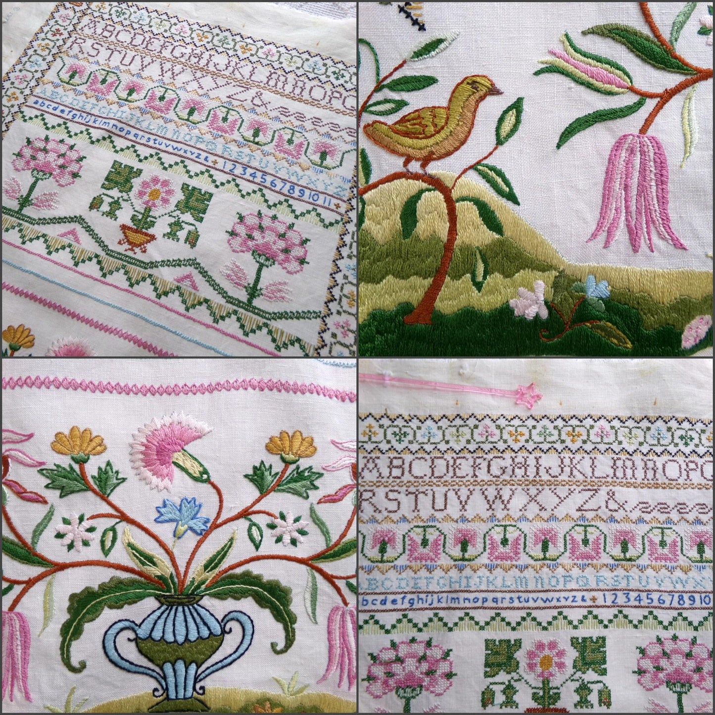 Shabby Vintage Linen Embroidery Sampler, Jacobean 1773 Cooper Hewitt Museum, 0860 Paragon Stitchery, Hand Embroidered, Completed