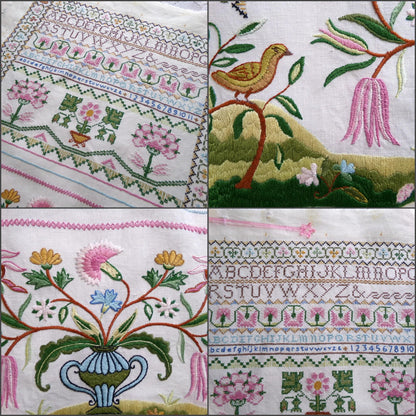 Shabby Vintage Linen Embroidery Sampler, Jacobean 1773 Cooper Hewitt Museum, 0860 Paragon Stitchery, Hand Embroidered, Completed