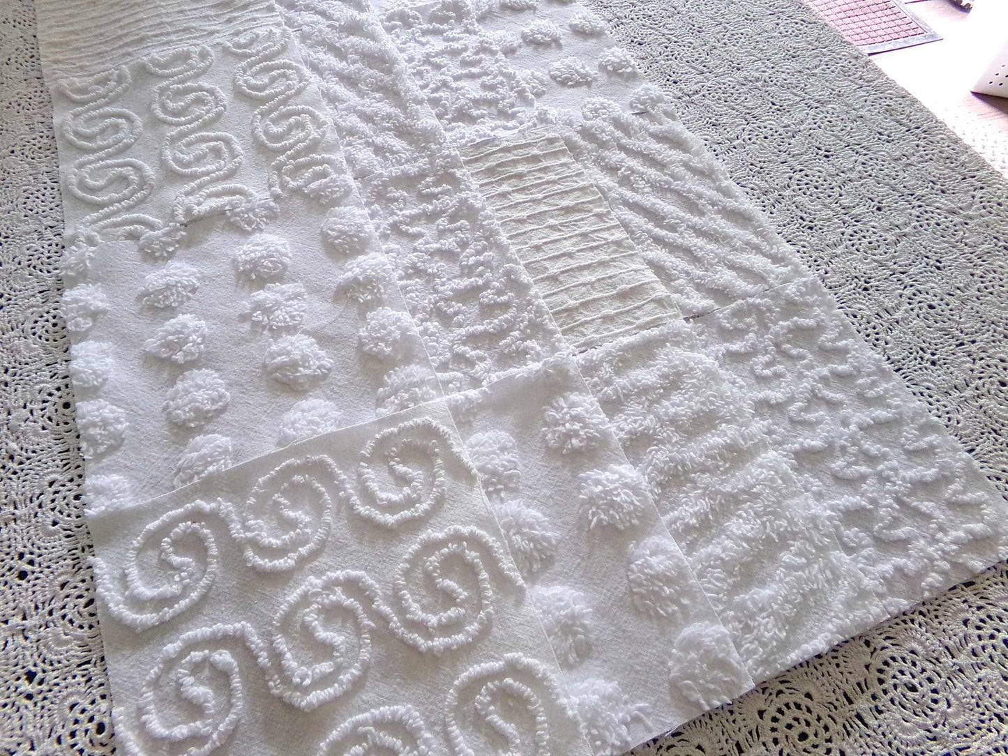 serene snowfall vintage chenille fabric squares, set of 16 white 6" quilt blocks, upcycle in handmade quilts, sewing projects