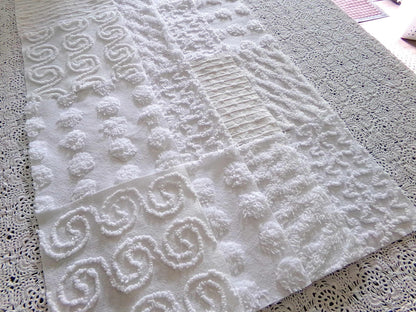 serene snowfall vintage chenille fabric squares, set of 16 white 6" quilt blocks, upcycle in handmade quilts, sewing projects