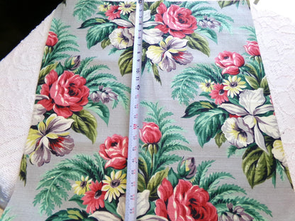 Botanical Vintage Barkcloth Fabric, Tropical Exotic Floral Print on Silvery Grey, 22" x 23" inches, Ideal Fabric Piece for Pillows