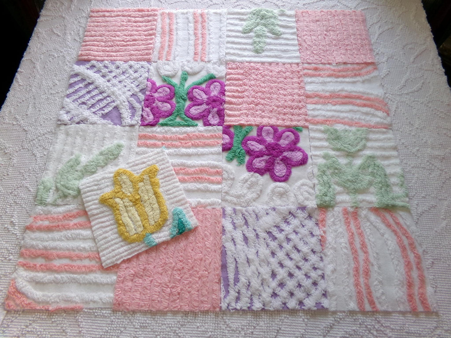 springtime mix 6" chenille squares, peach, white & purple set of 17 craft quilt blocks cut from vintage chenille bedspread fabrics