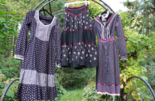 Dark Cottagecore Vintage Clothing Lot: 2 Prairie Dress, 1 Gunne Sax Boho Black Skirt