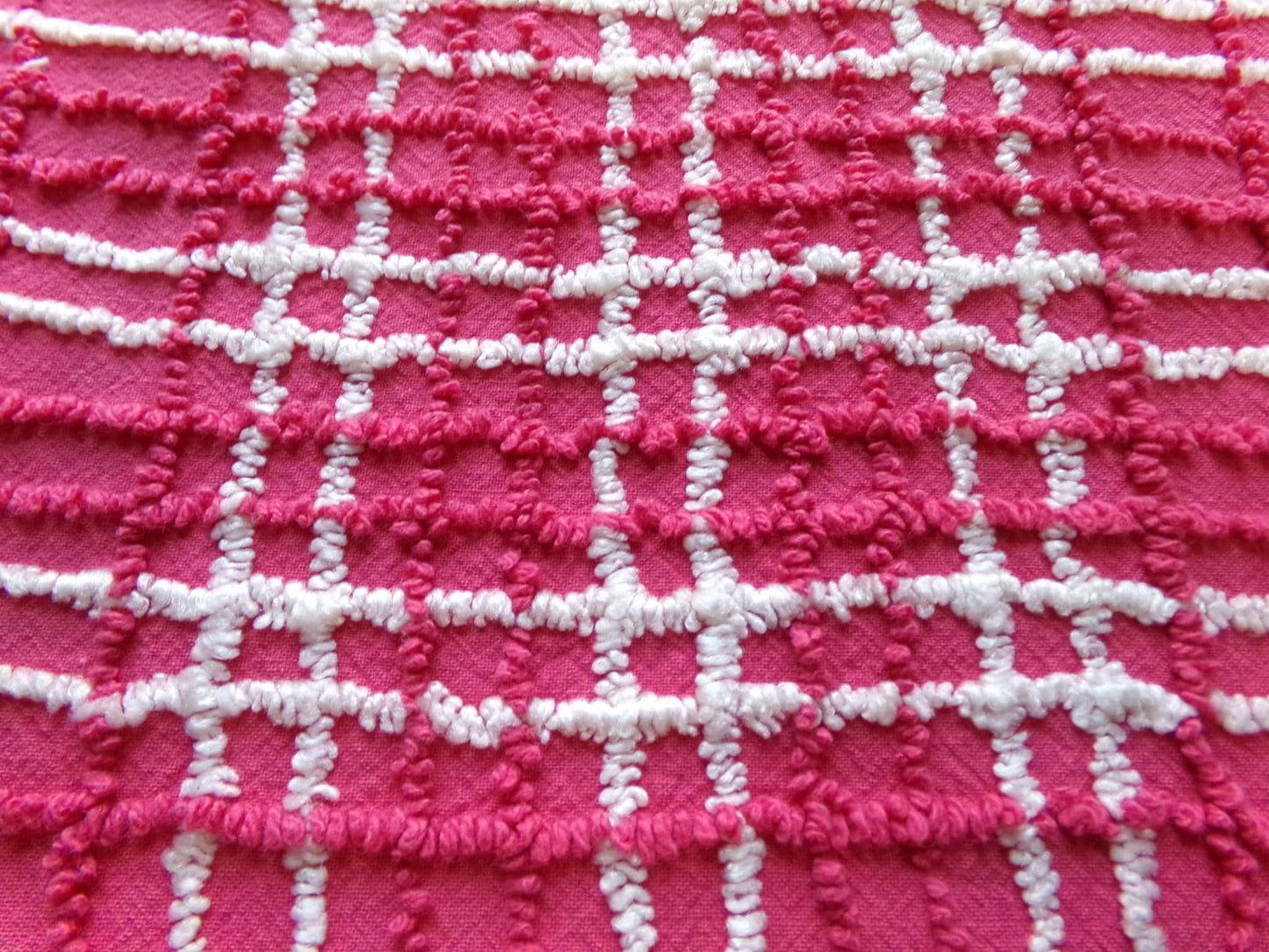 fabulous vintage chenille fabric, vivid pink & white plaid design 20" x 24" cut piece, upcycle into quilts, fiber arts, crafts