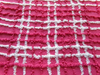 fabulous vintage chenille fabric, vivid pink & white plaid design 20" x 24" cut piece, upcycle into quilts, fiber arts, crafts