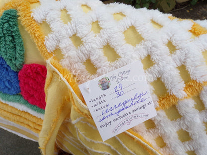 Happy Vintage Chenille Fabric, Red & Blue Rosettes on Yellow Geometric, 29" x 30" inch piece