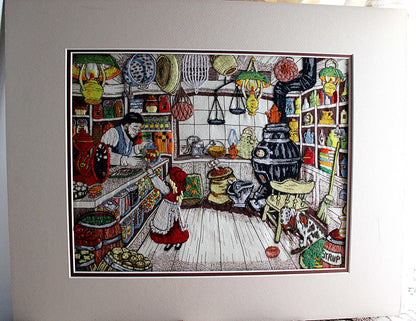 Old-Fashioned Country Store Crewel Embroidery Piece, "Penny Candy"" Completed Stitchery, Vintage Paragon Needlecraft, Outstanding Needlework