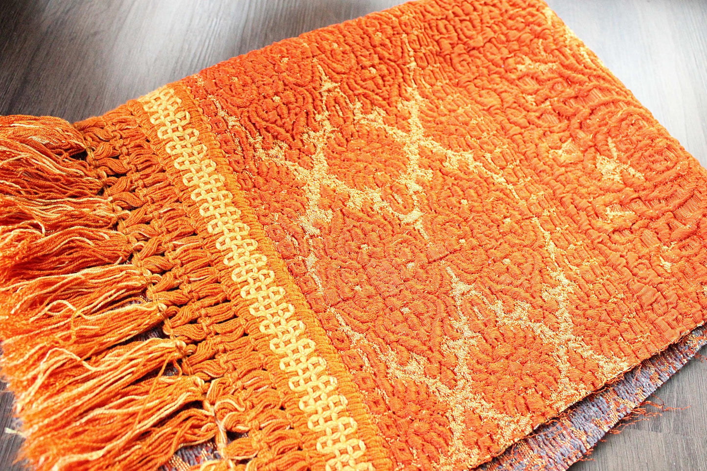 Orange & Gold Vintage Tapestry Fabric, Shimmer Woven Heavyweight Damask Material, 20" x 25" inch piece with Luxurious Fringe