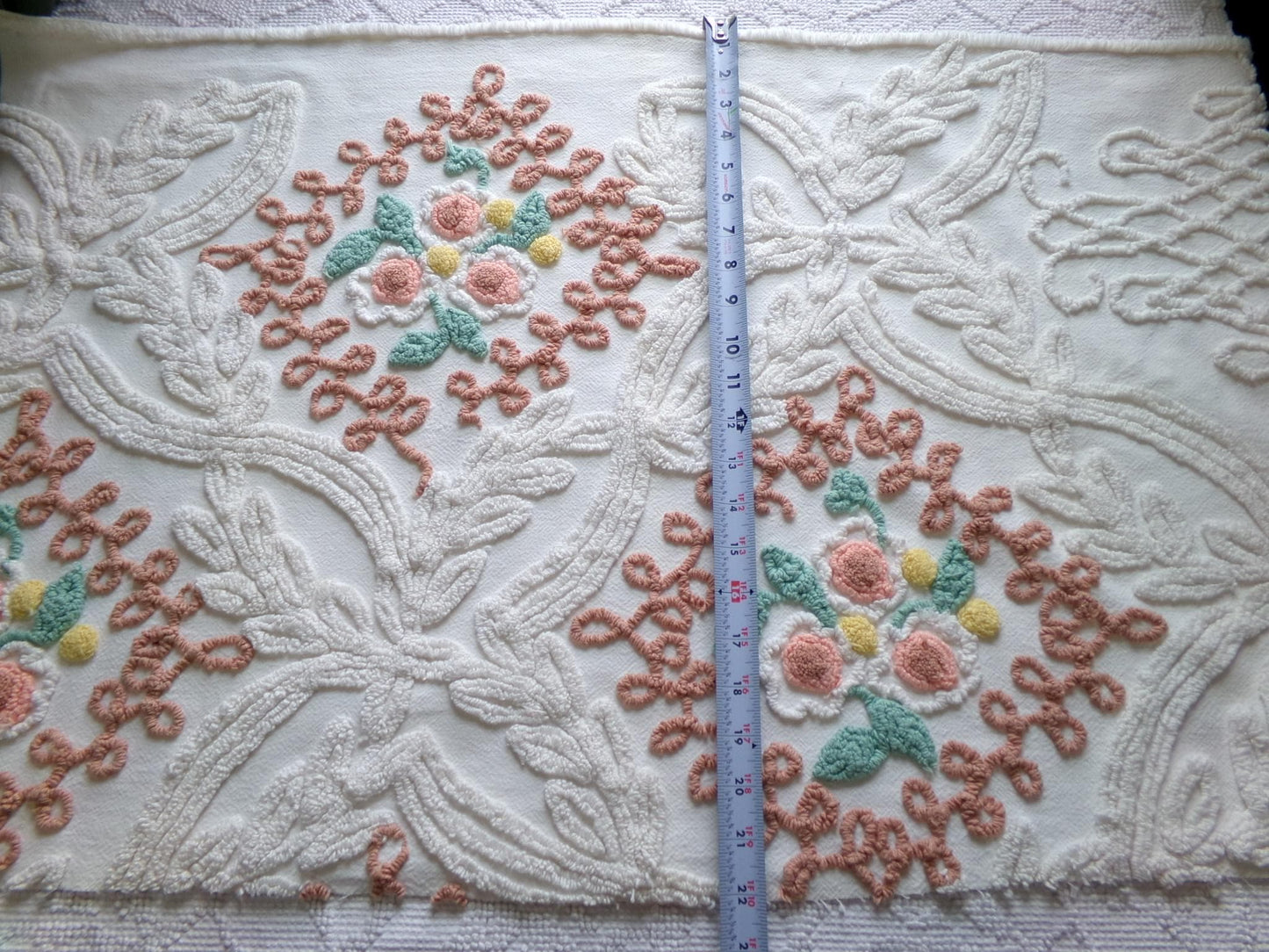 frosted cake sculpted vintage chenille fabric, cream botanicals & autumn roses, 35" x 20" inch piece of beautiful sewing material