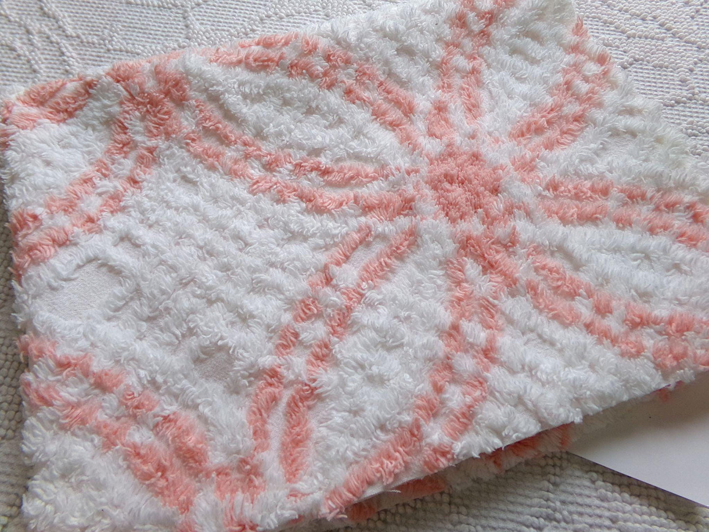 creamsicle peach & white chenille fabric piece, vintage cotton quilt material, wedding ring design, 18" x 23"