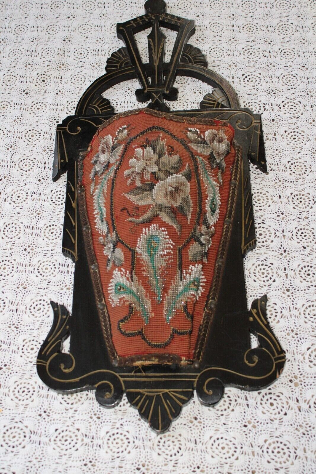 Rare Antique Ornate Victorian Eastlake 1881 Beaded Floral Wall Slipper Pocket