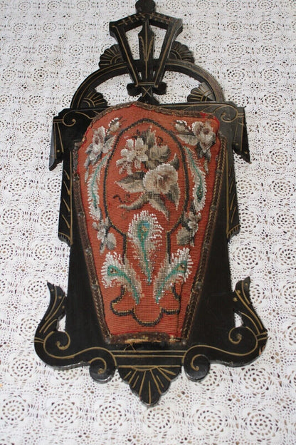 Rare Antique Ornate Victorian Eastlake 1881 Beaded Floral Wall Slipper Pocket