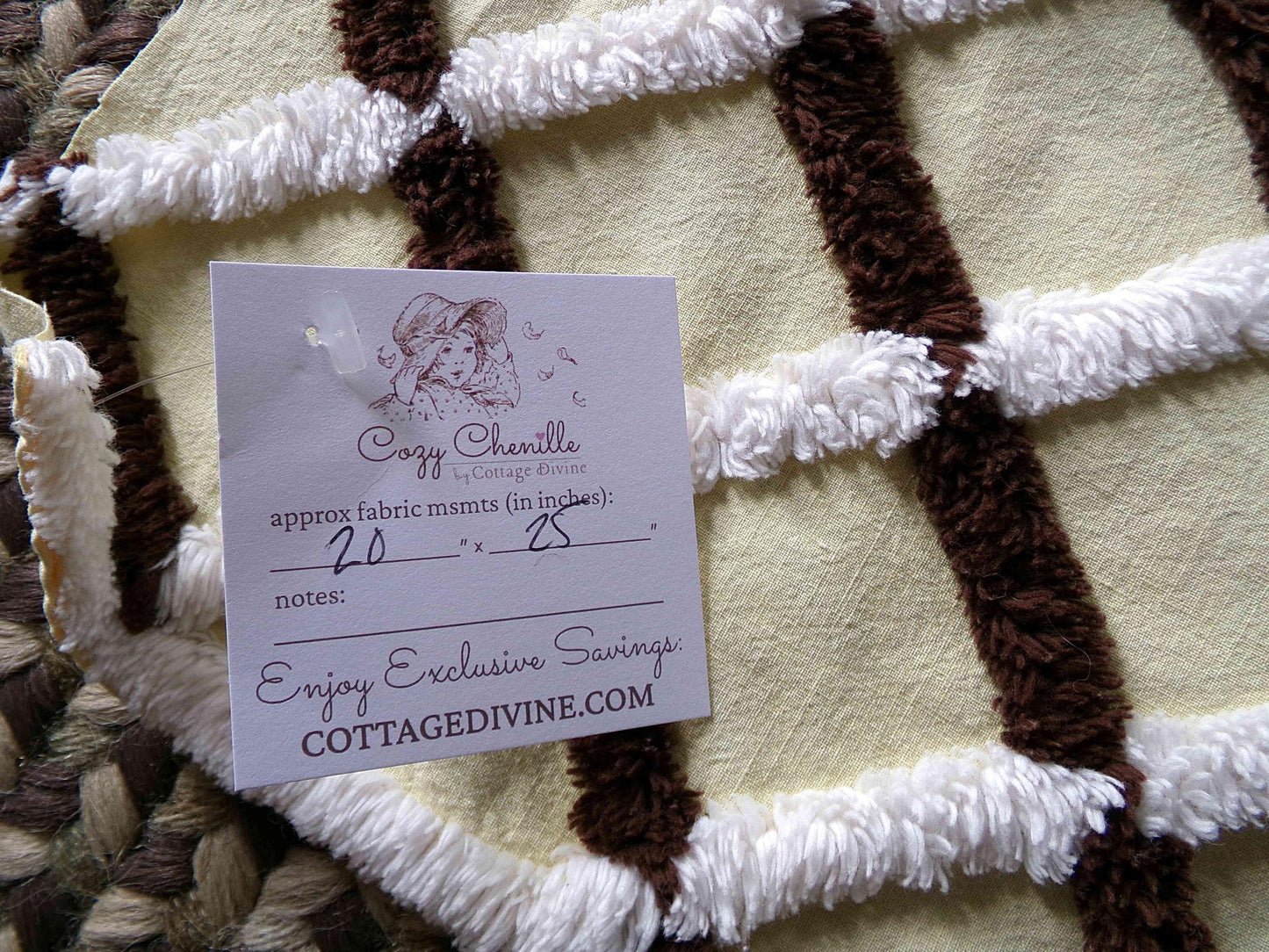 Buttery Yellow Chenille Crosshatch Fabric, Wide Tufted Chocolate Brown & White Lines, 20" x 25" inch Vintage MCM Cotton Material