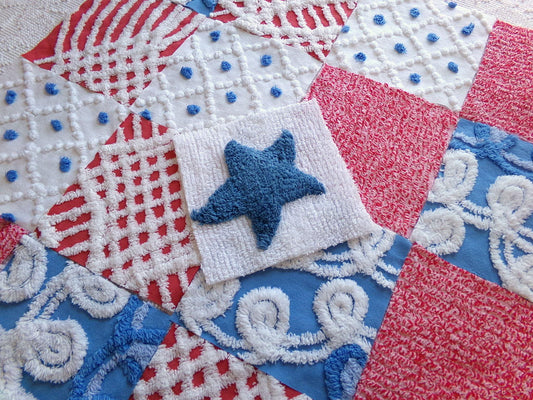 Americana USA colors 6" chenille squares, red, white & blue star set of 17 quilt blocks rotary cut from vintage chenille bedspread fabrics