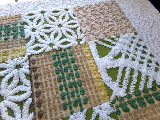 boho babe vintage chenille fabric squares, set of 16 earthtone olive, mocha, white quilt blocks 6" ea, for fiber arts, sewing, quilting