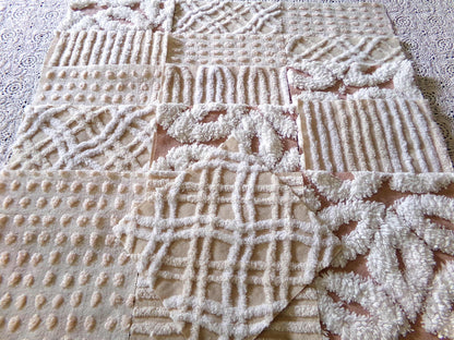 Neutral Modern Chenille Quilt Squares Set from Vintage Bedspread Fabric, 16 Blocks 6" x 6" inch, Daisy, Wavy Honeycomb, Stripe, Dot Patterns