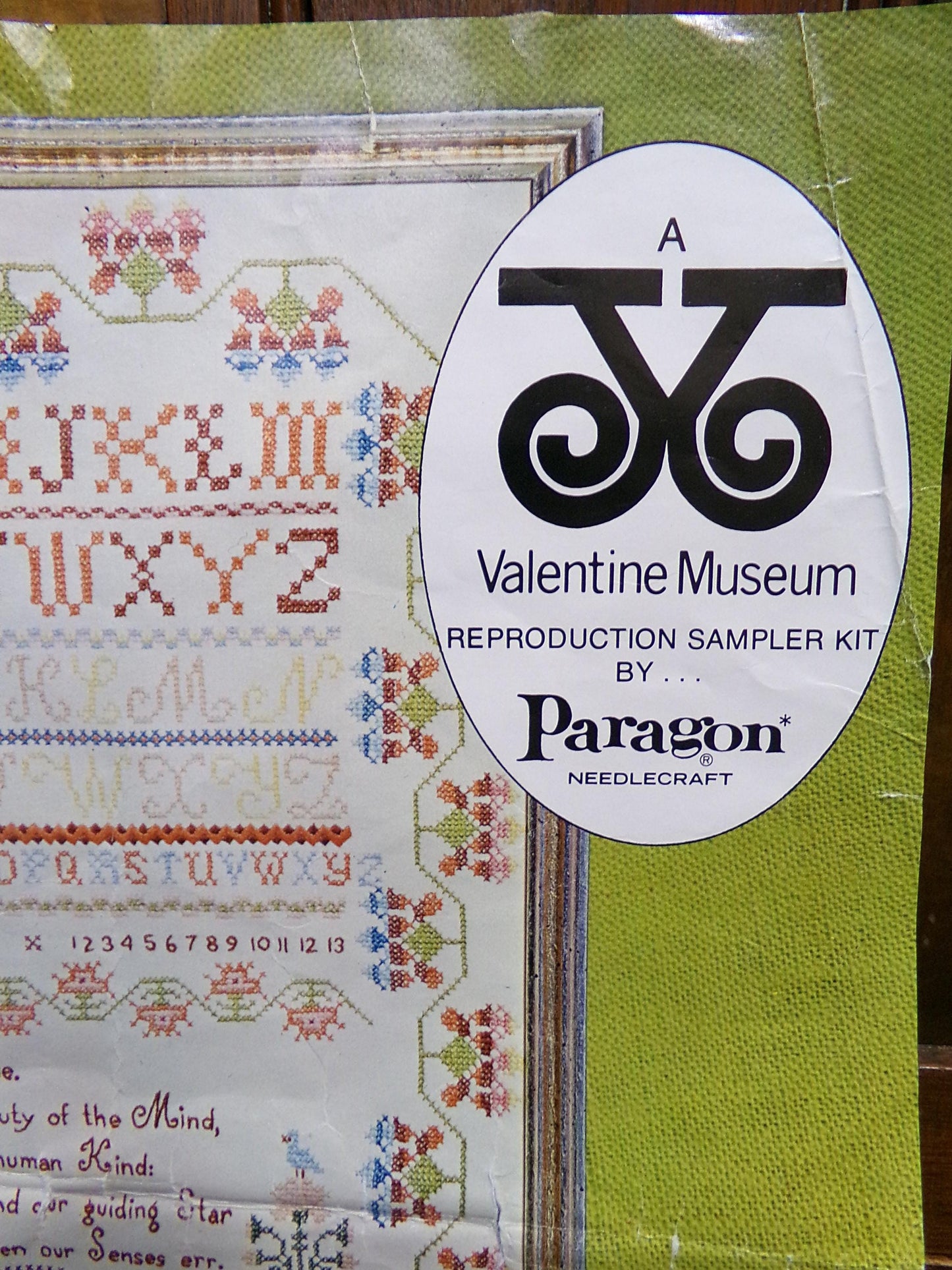VIRTUE Embroidery Sampler, Paragon 0609 Valentine Museum Reproduction, Vintage Cross Stitch Stitchery Kit on Belgian Linen