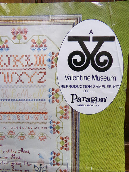 VIRTUE Embroidery Sampler, Paragon 0609 Valentine Museum Reproduction, Vintage Cross Stitch Stitchery Kit on Belgian Linen