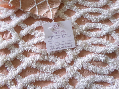 plush white eternity link chenille fabric on peach cotton seersucker, 19" x 25" inch piece of sewing material