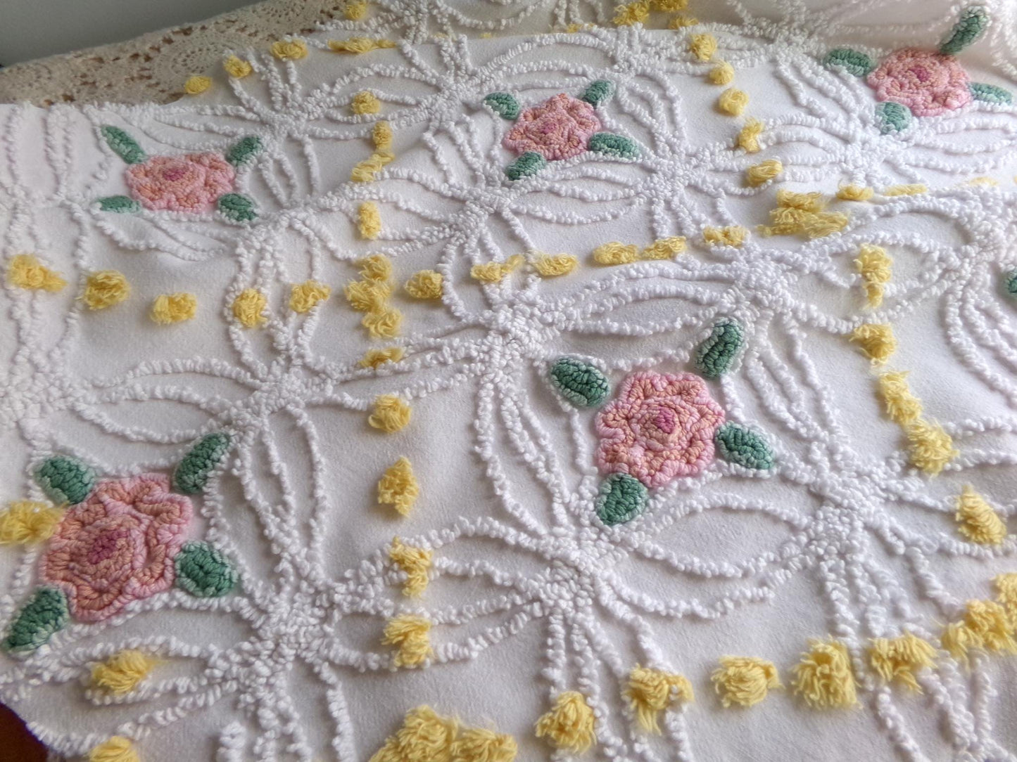 lovely pink rose chenille fabric with goldenrod yellow pops, shabby style 20" x 24" inch piece of sewing material for quilts & crafts