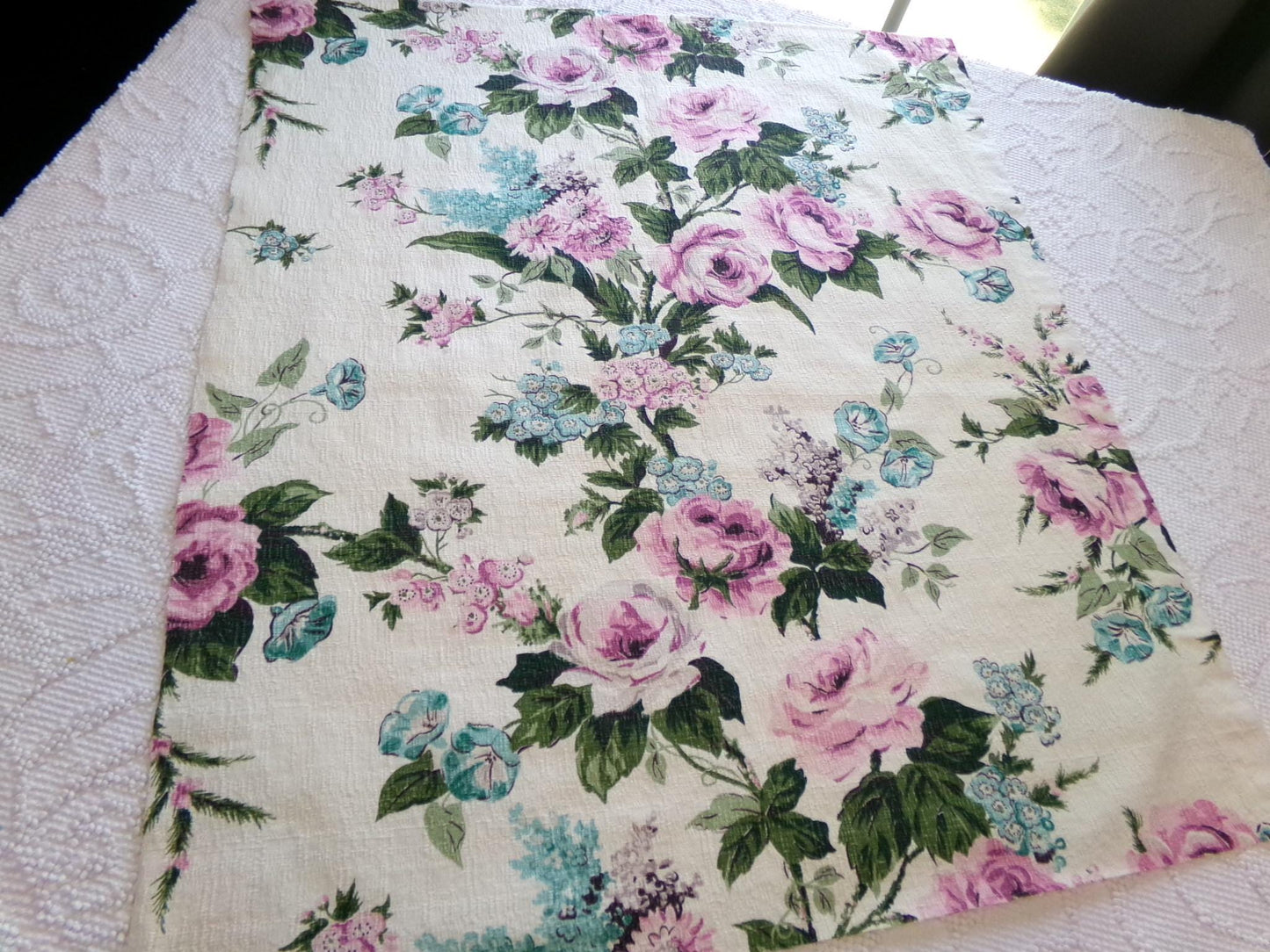 Vintage Barkcloth Fabric, Shabby Cottage Chic Roses on Aged White, 18" x 25" Cut Fabric Piece from a Deconstructed bark cloth curtain panel