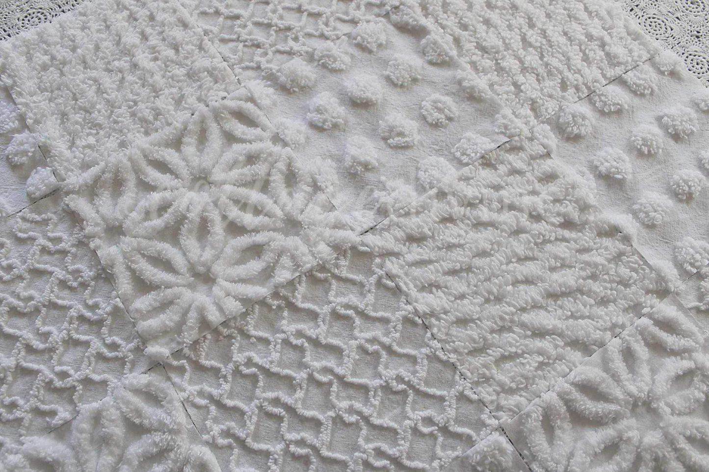 Snow Angel White Chenille Quilt Squares Set from Vintage Bedspread Fabric, 16 Blocks, 6" x 6" inch