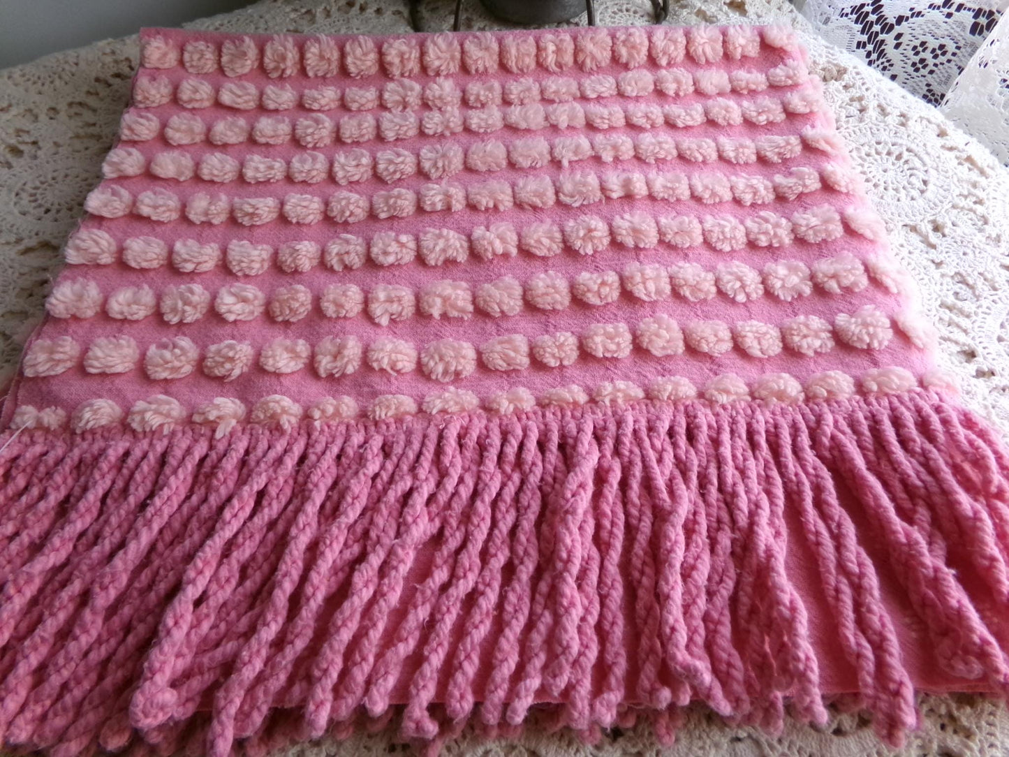 cotton candy puff pops chenille fabric, cute fluffy raised bobbles on pink rose, 20" x 24" inch piece with twisted fringe