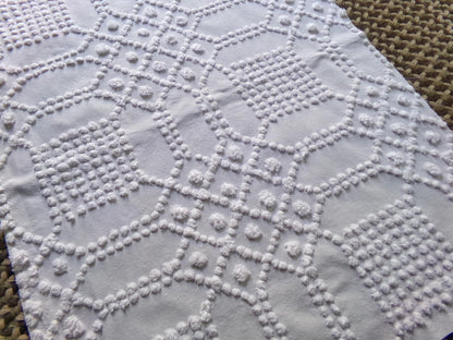 celestial white vintage chenille fabric, vintage geometric piece of cotton sewing material for quilts, pillows, wall hangings, 23" x 28"