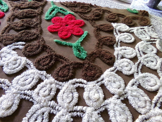 Yummy Chocolate Cherry Cake Vintage Chenille Fabric, Plush 25" x 26" Inch Piece, Great for Boho Pillows, Quilts, Fiber Arts