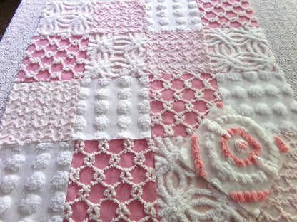 Spunky Pink Quilt Squares Set from Vintage Chenille Bedspread Fabric, 17 Blocks, 6" x 6" inch